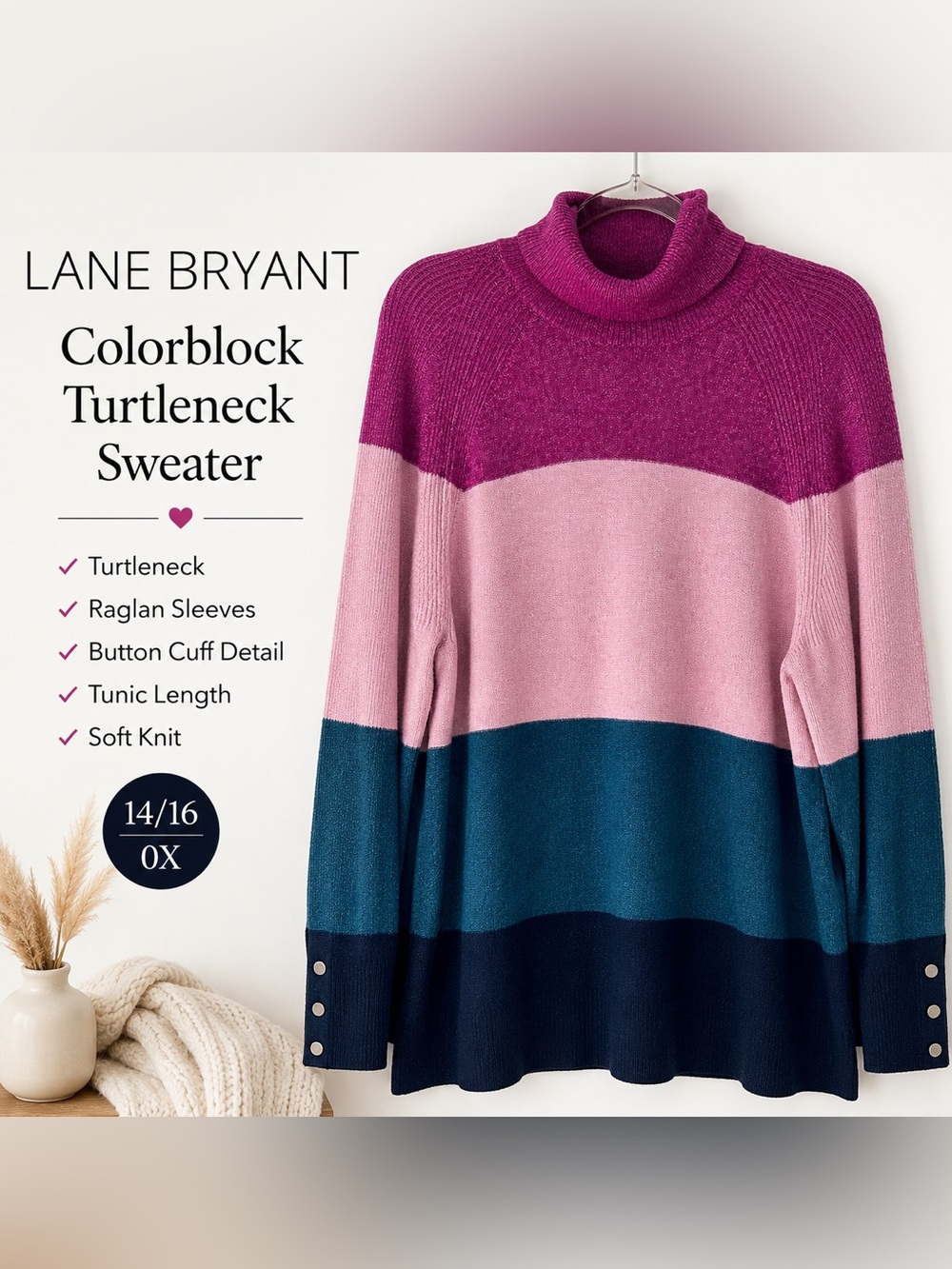 Lane Bryant Colorblock Turtleneck Sweater 14/16 Pink Teal Navy Tunic Plus Size